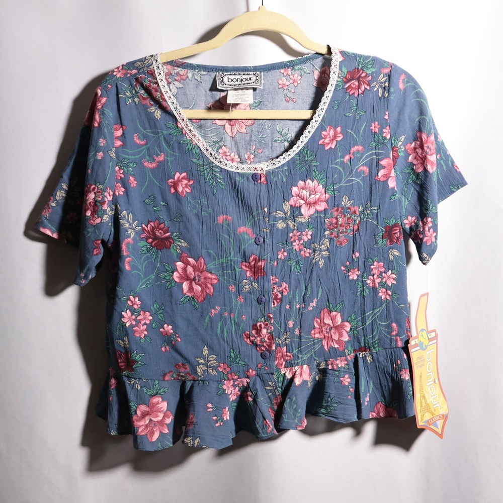 VTG NWT 90s Blue Pink Floral Peplum Crop Top L Cottage Boho Fairy Lace Trim USA